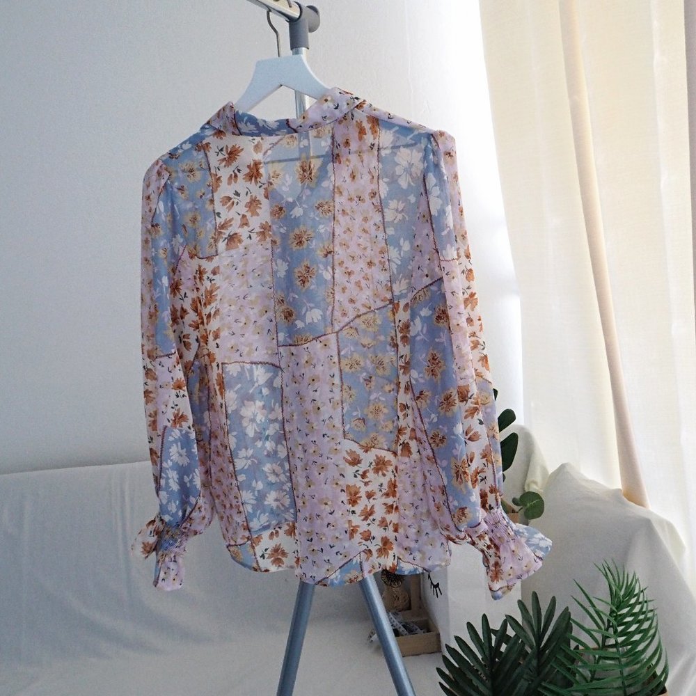 Mixed patchwork ditsy floral print tie neck blouse - Picture 3 of 8
